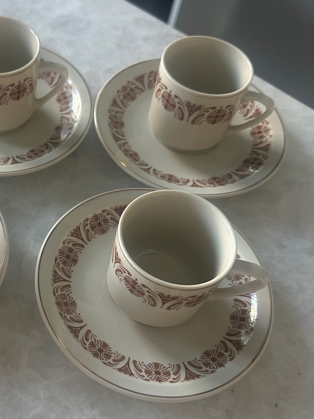 Classic Cream and Floral China Coffee Cup and Saucer Set 3 cups and 3 saucers.